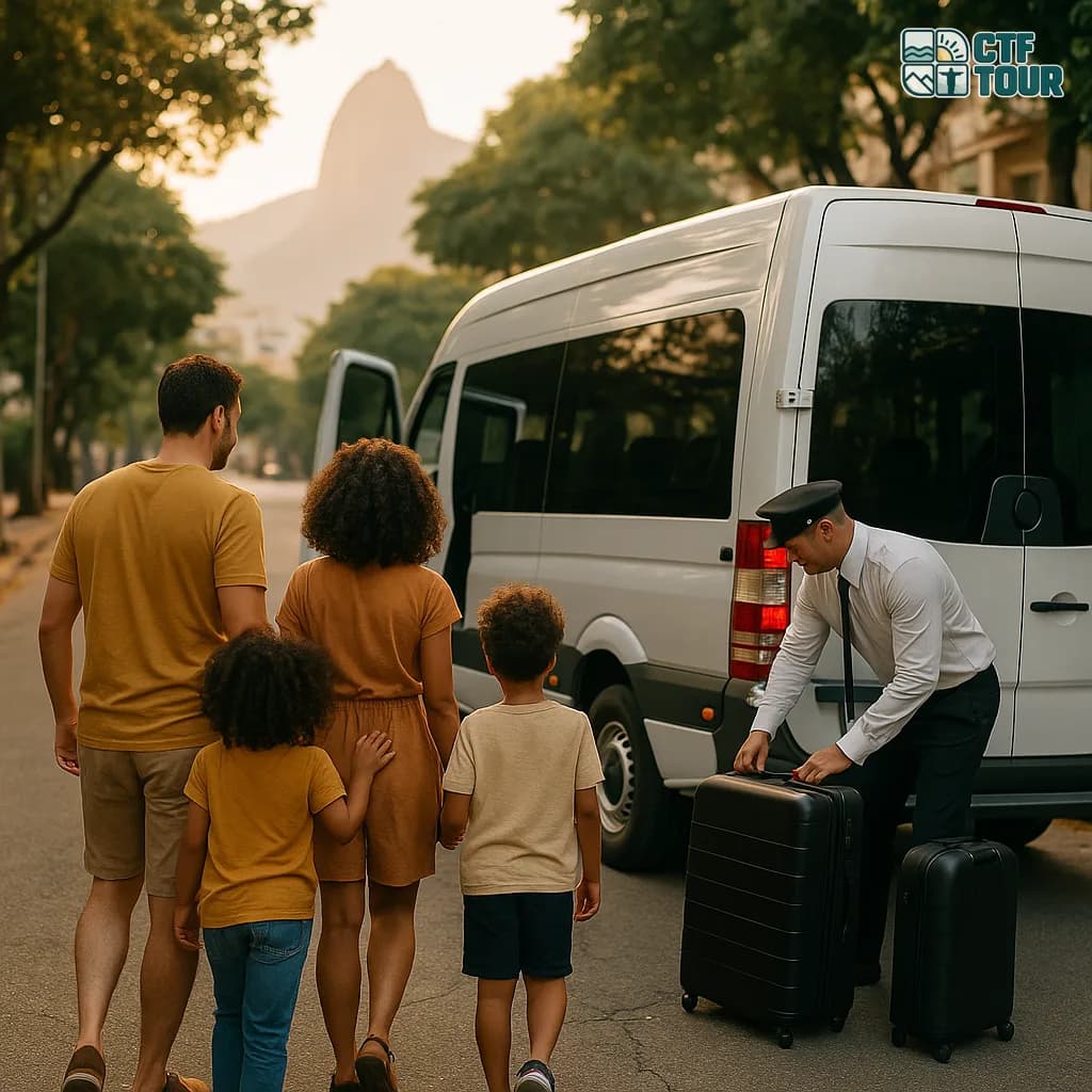 Família embarcando de manhã cedo em uma van executiva branca no Rio de Janeiro, com o motorista carregando as malas para a viagem de feriado