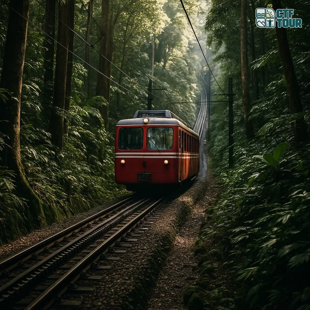 Tren rojo del Corcovado subiendo por las vías en medio del Bosque de Tijuca, en Rio de Janeiro