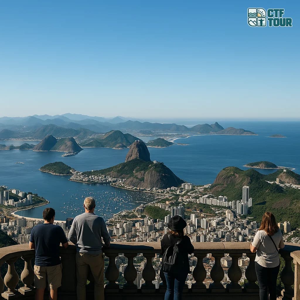 Vista panorámica desde el mirador del Cristo Redentor en invierno, con cielo azul despejado, la Bahía de Guanabara y el Pão de Açúcar al fondo