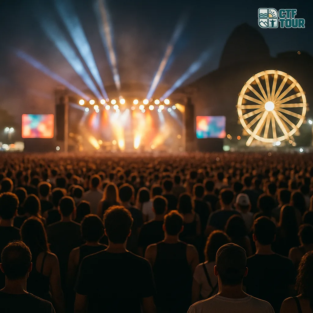 Multidão de costas assistindo a show noturno em festival de música ao ar livre no Rio de Janeiro, com palco iluminado e roda-gigante ao fundo