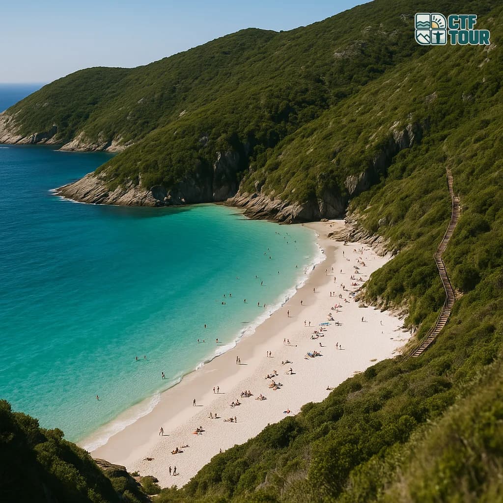 Vista aérea das Prainhas do Pontal do Atalaia em Arraial do Cabo, com falésias, areia branca e água turquesa transparente