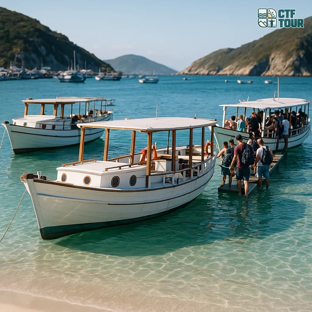 Barcos de passeio brancos ancorados na água turquesa cristalina da Praia dos Anjos, em Arraial do Cabo