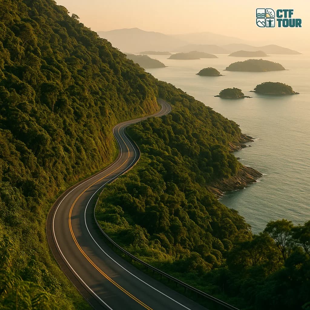 Curvas da Rodovia Rio-Santos (BR-101) entre a Mata Atlântica e o mar da Costa Verde, com ilhas ao fundo no fim de tarde