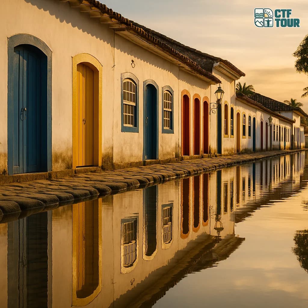 Casario colonial branco com portas coloridas refletido na maré alta que invade a rua de pedra do centro histórico de Paraty