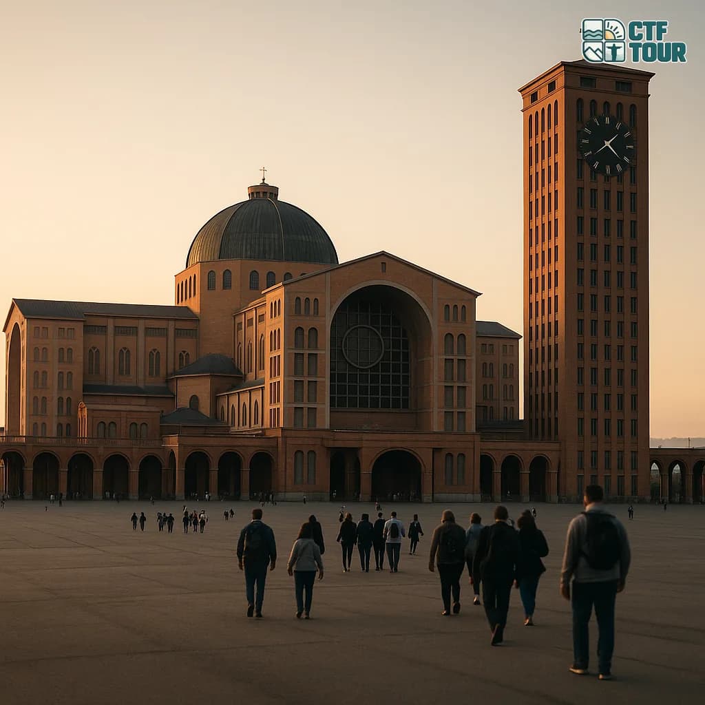 Vista externa imponente da Basílica Nacional de Aparecida ao amanhecer, com cúpula e torres de tijolo aparente e romeiros caminhando pela esplanada
