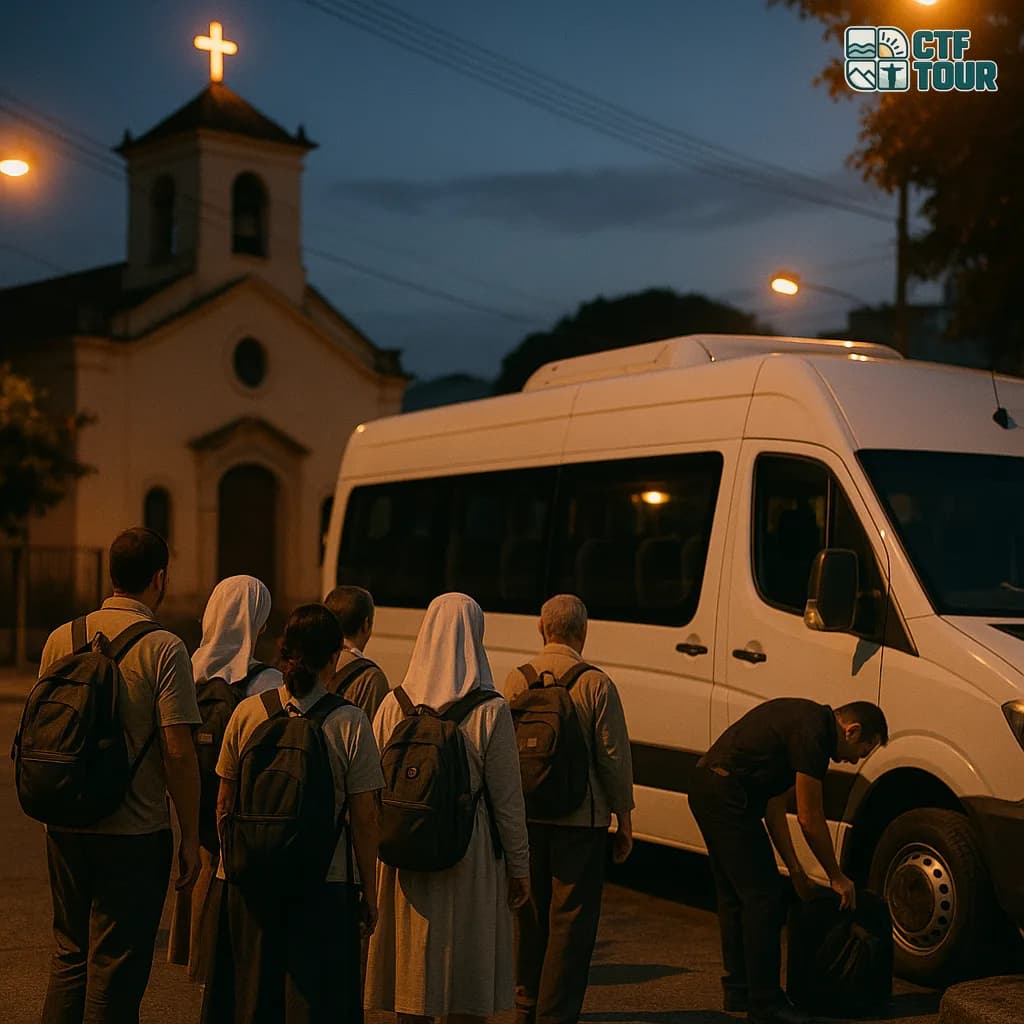 Grupo de romeiros embarcando de madrugada em van executiva em frente a uma igreja no Rio de Janeiro, com motorista guardando as bagagens