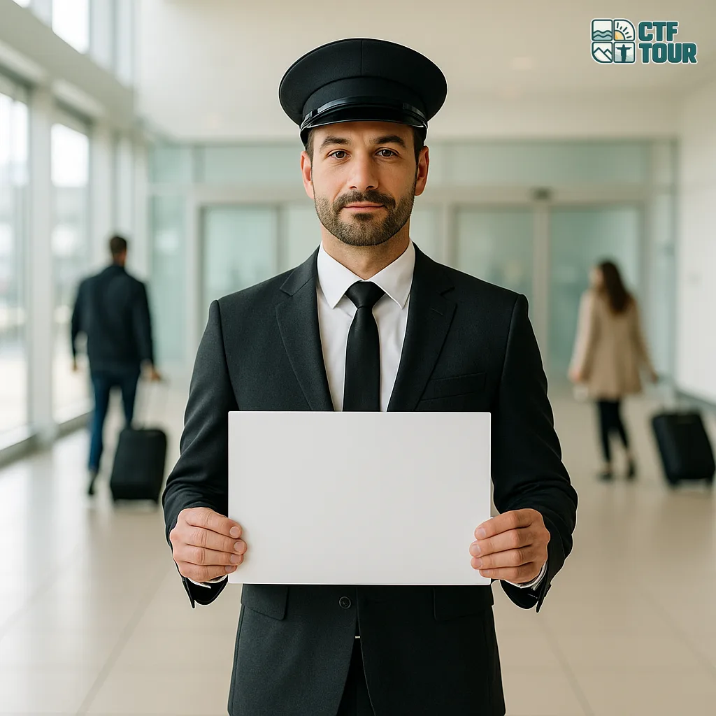 Conductor profesional de traje y gorra esperando en el desembarque del aeropuerto con un cartel de identificación en blanco