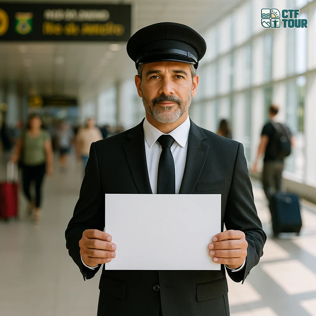 Motorista de terno aguardando com placa de identificação no saguão de desembarque do aeroporto, pronto para receber o passageiro do transfer para Búzios