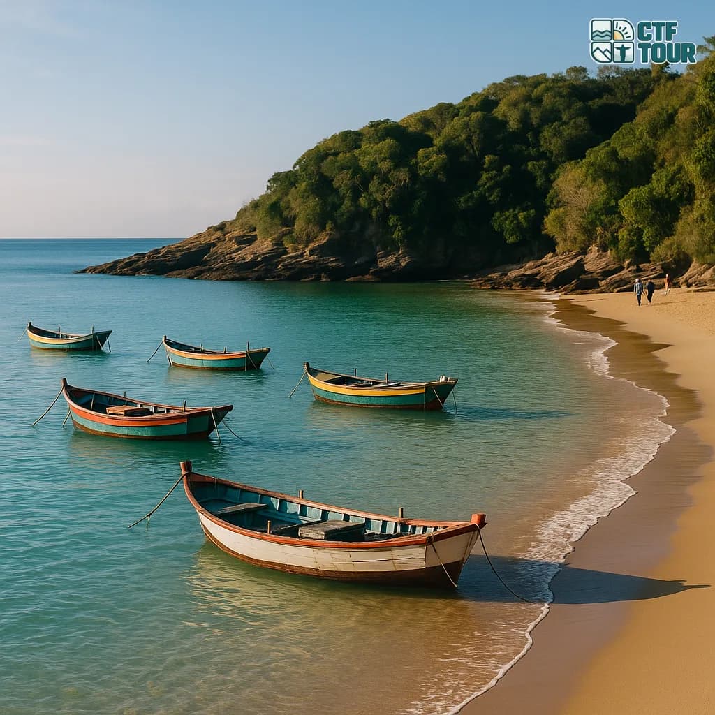 Praia de águas calmas e esverdeadas em Búzios com barcos de pesca ancorados e morros verdes ao fundo em manhã ensolarada de inverno